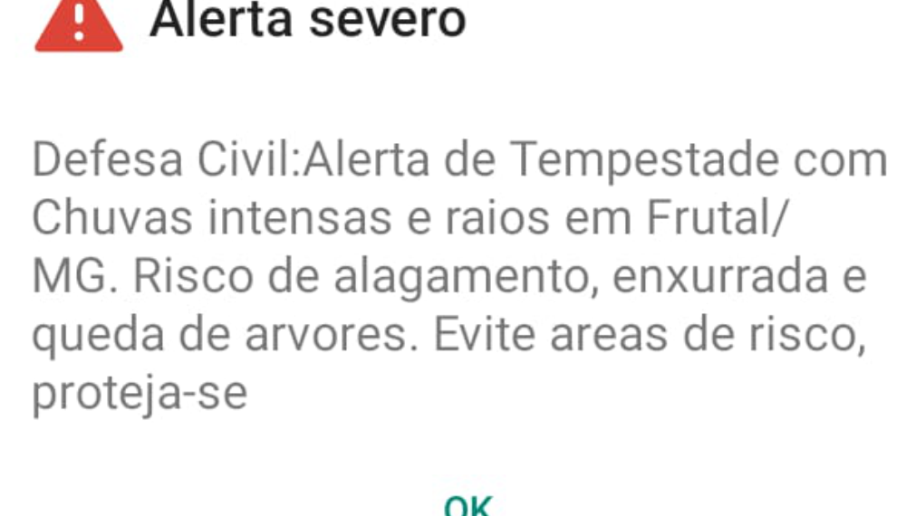 Defesa Civil emite alerta severo de tempestade para Frutal