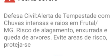 Defesa Civil emite alerta severo de tempestade para Frutal