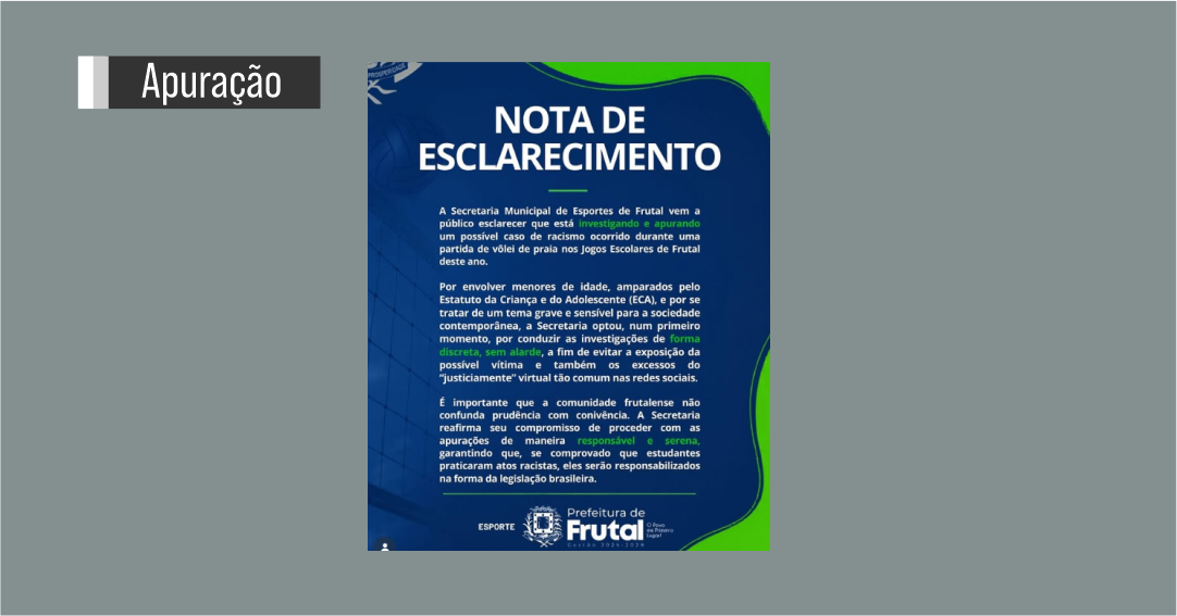 Secretaria de Esportes de Frutal apura possível caso de racismo em Jogos Escolares